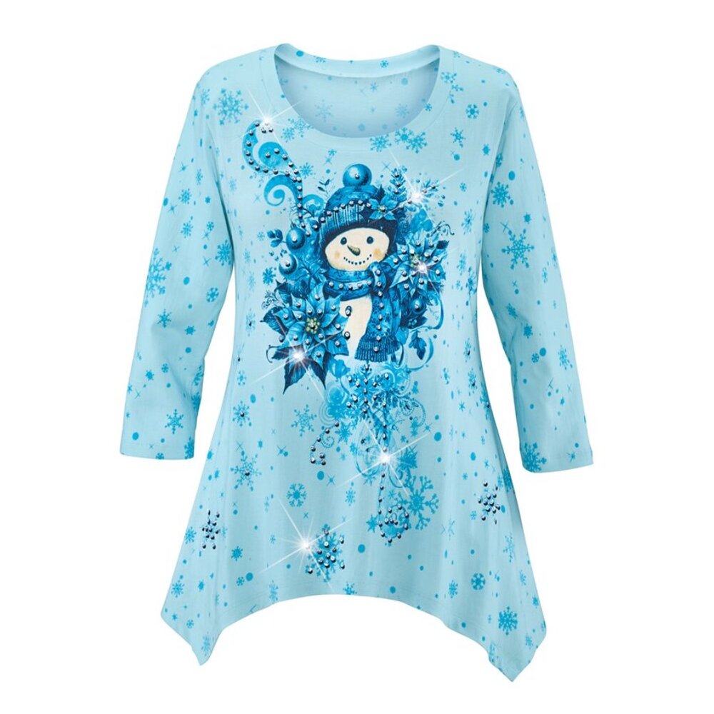New XXL Blue Sparkling Sequin Snowman Christmas Holiday SharkBite Knit Tunic